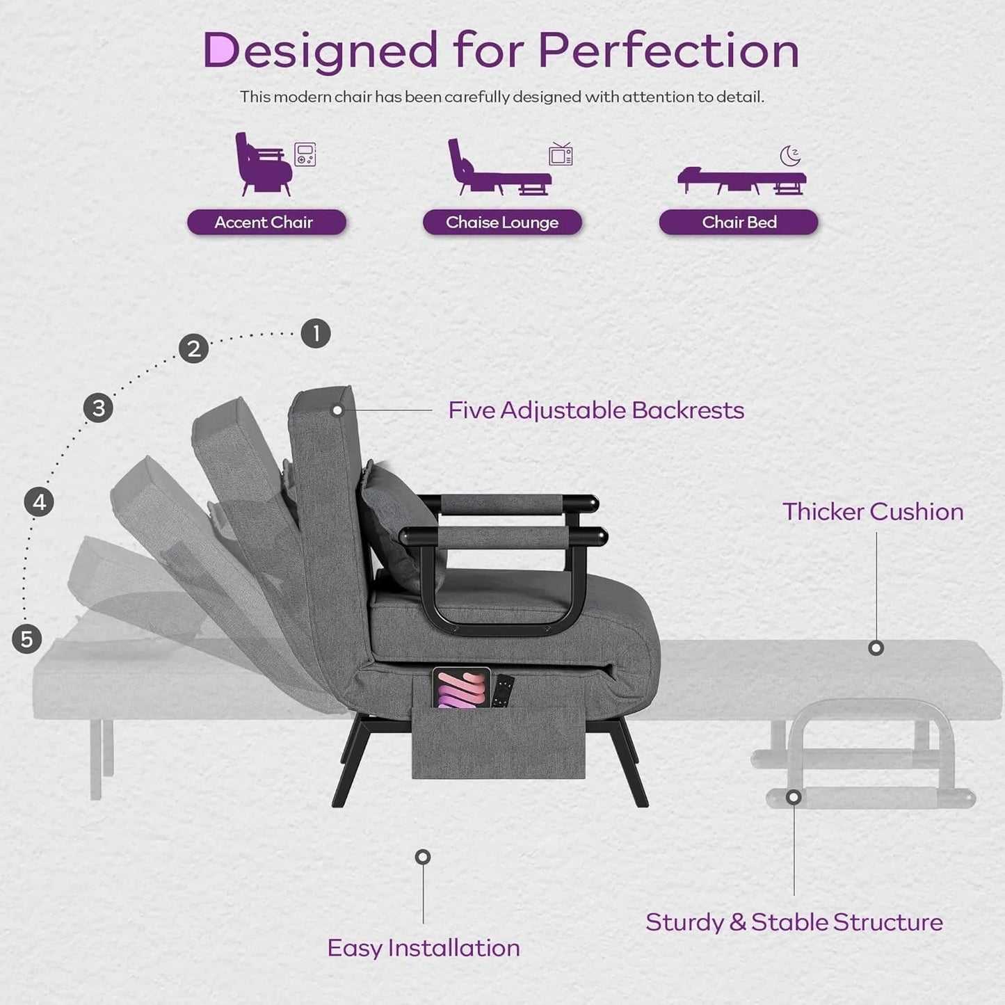 Convertible Sleeper Chair Bed Adjustable Backrest Side Pockets Pillow for Small Spaces Office Dark Grey