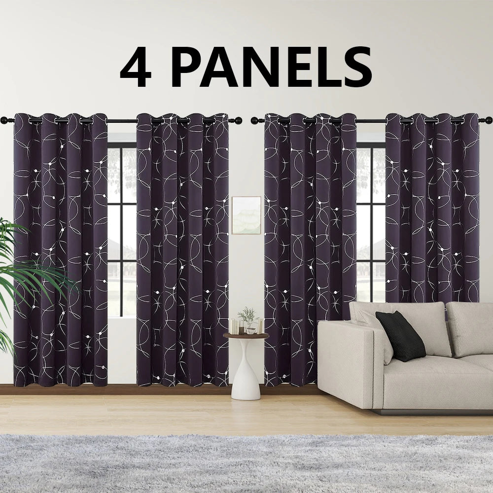 4PCS Blackout Curtains Grommet Thermal Insulated Room Darkening With Circle And Dots Foil Printed