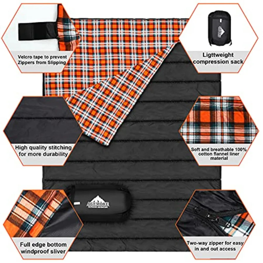 Cotton Flannel Double Sleeping Bag for Camping Backpacking or Hiking Queen Size 2 Person Waterproof Sleeping Bag for Adults or