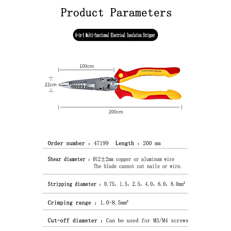 Wiha 6-in-1 Multifunctional Insulated Wire Strippers Industrial Electrician 1000V VDE Pointed Crimping and Cutting Pliers
