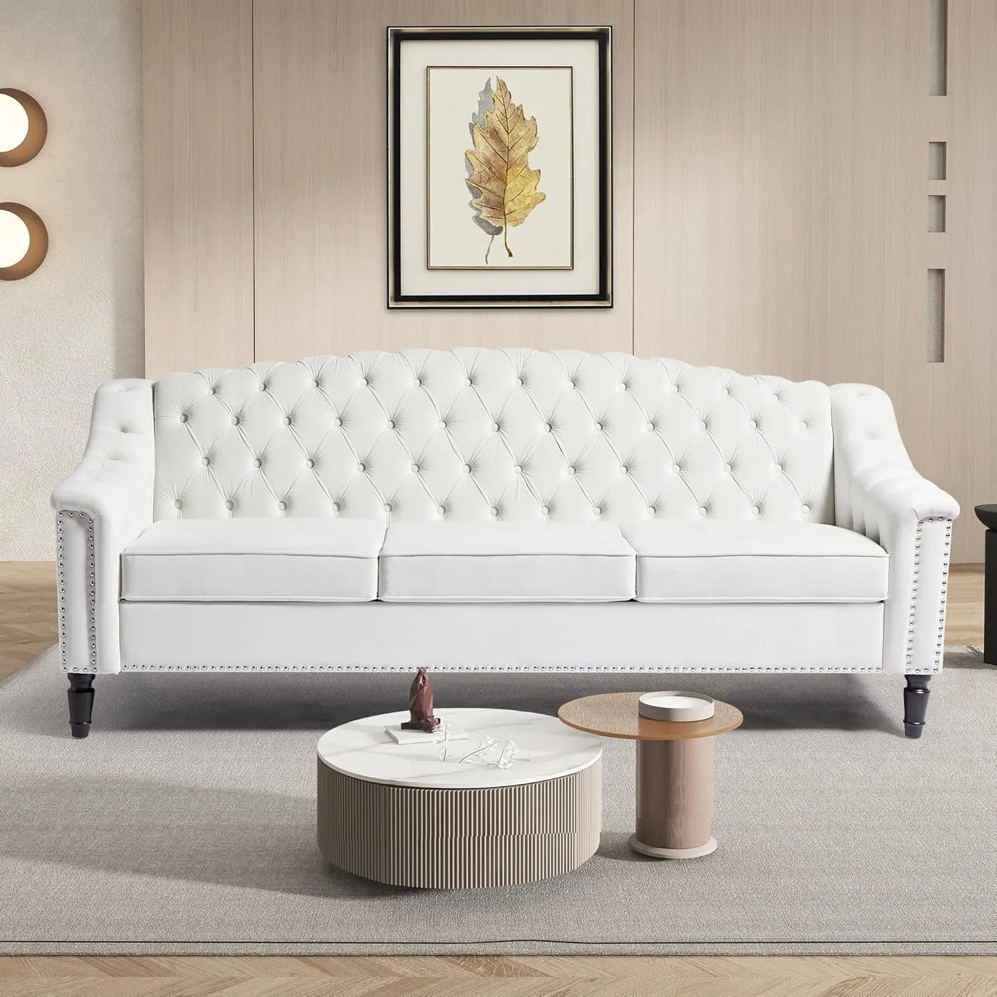 Mid-Century Modern Leather Sofa Chesterfield With Sleeper