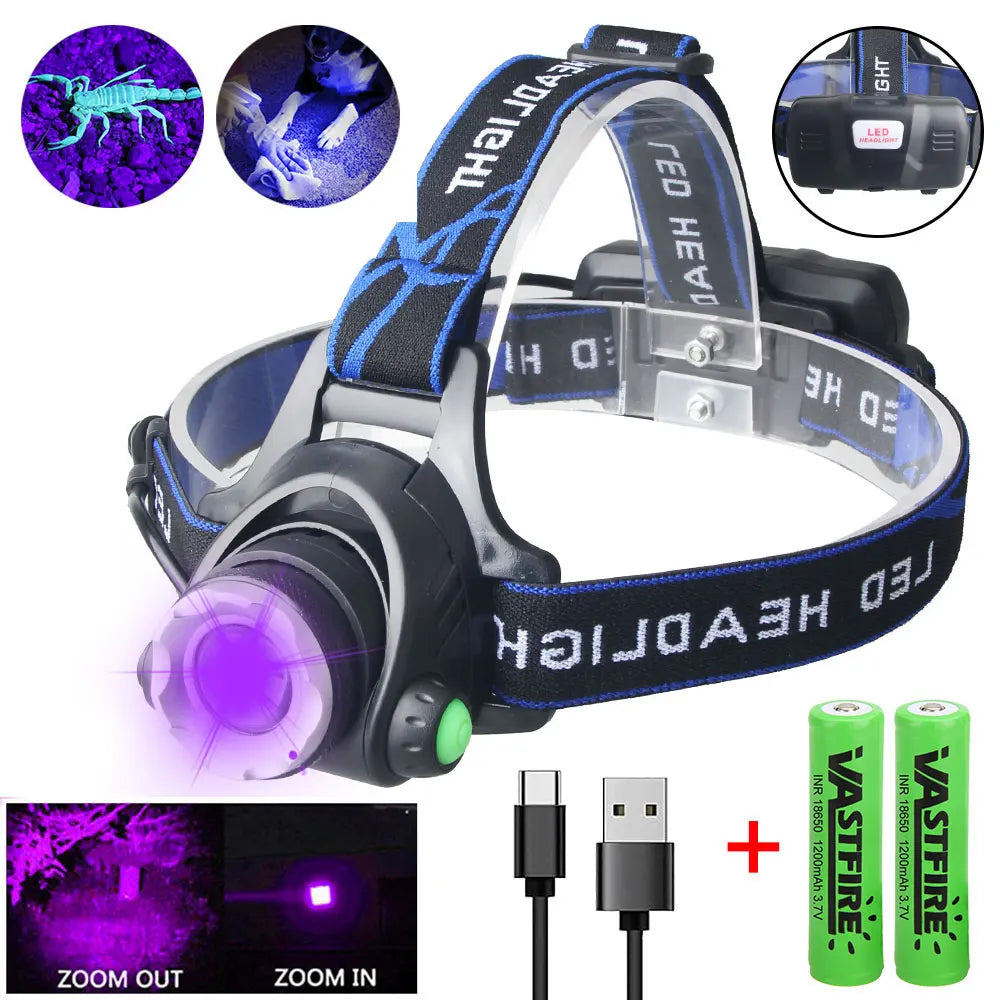 Powerful LED Headlamp Telescopic Zoomable Head Torch Outdoor Waterproof Rechargeable Fishing Camping Portable Headlight