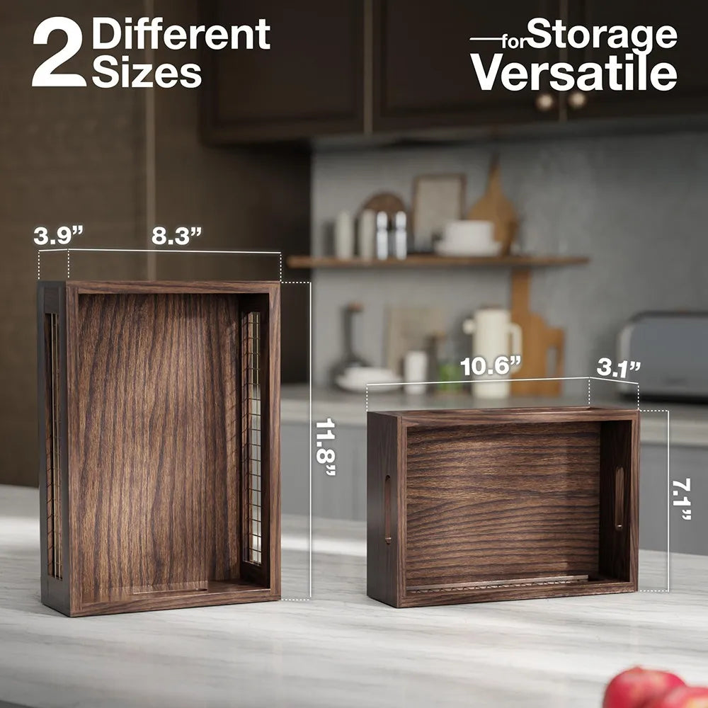 2 Pack Rustic Wooden Nesting Crates, Wall Mount Storage Baskets with Full Accessories, Multipurpose Organizer for Kitchen Pantry Bathroom Fruit Bread