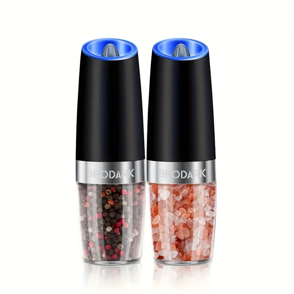 1 or 2 Pieces Gravity Electric Salt and Pepper Grinder Set Battery Powered with LED Light One Hand Automatic Operation