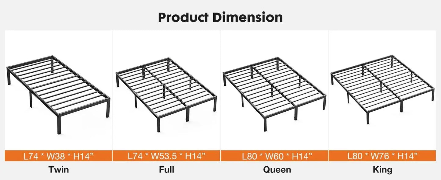 Heavy Duty Metal Bed Frame 14 Inch Platform Bed Base with Under Bed Storage Sturdy Steel Slat Support No Box Spring Needed Noise Free Mattress Foundation Easy Assembly Iron Bedroom Furniture