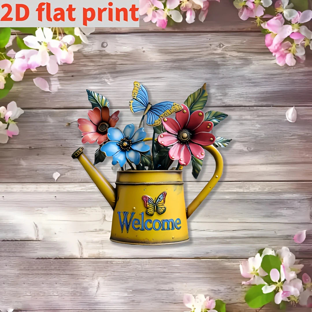 2D Flat, 1pc Rustic Iron Watering Can with Flowers & Butterflies Wall Art - Print Metal Outdoor Decor for Porch, Patio, Garden