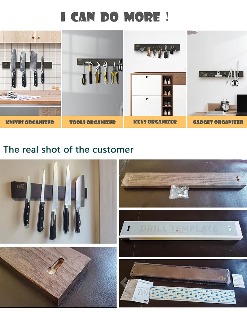 Findking New Design Powerful Magnetic Knife Strip Handmade Ash Wood Knife Holder Wall Mount Block Set 3 Pieces 12 16 18 Inch Rack