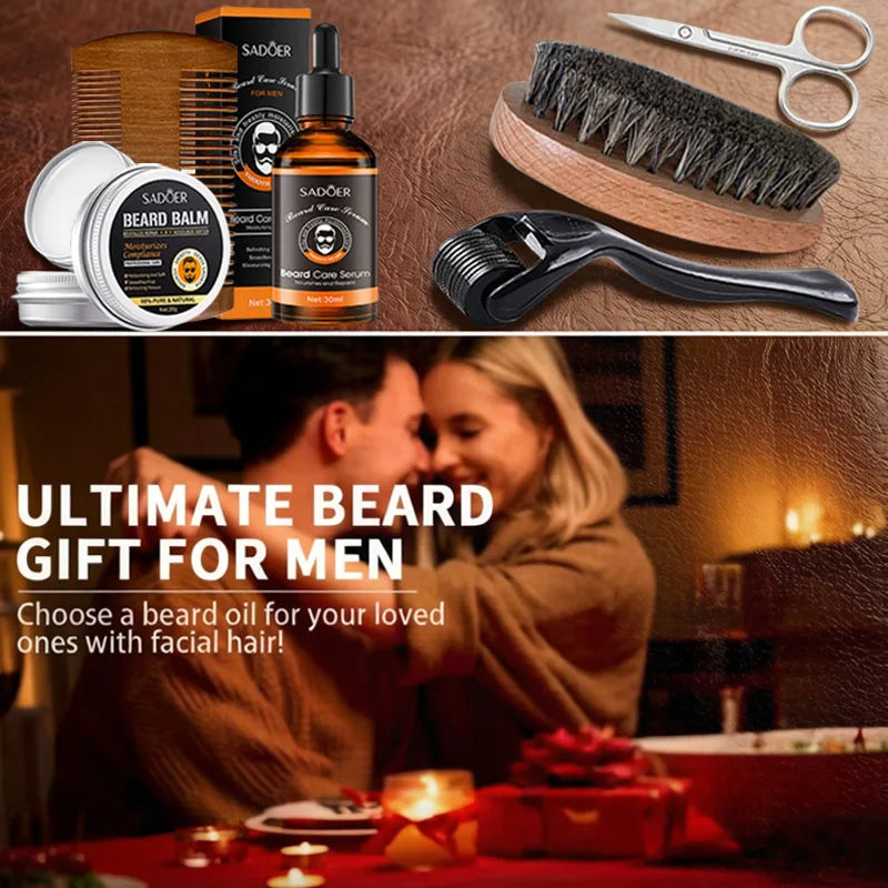Men's beard care set, beard oil, beard balm, moisturizing, nourishing, softening and smoothing beard, with trimming tools & bear