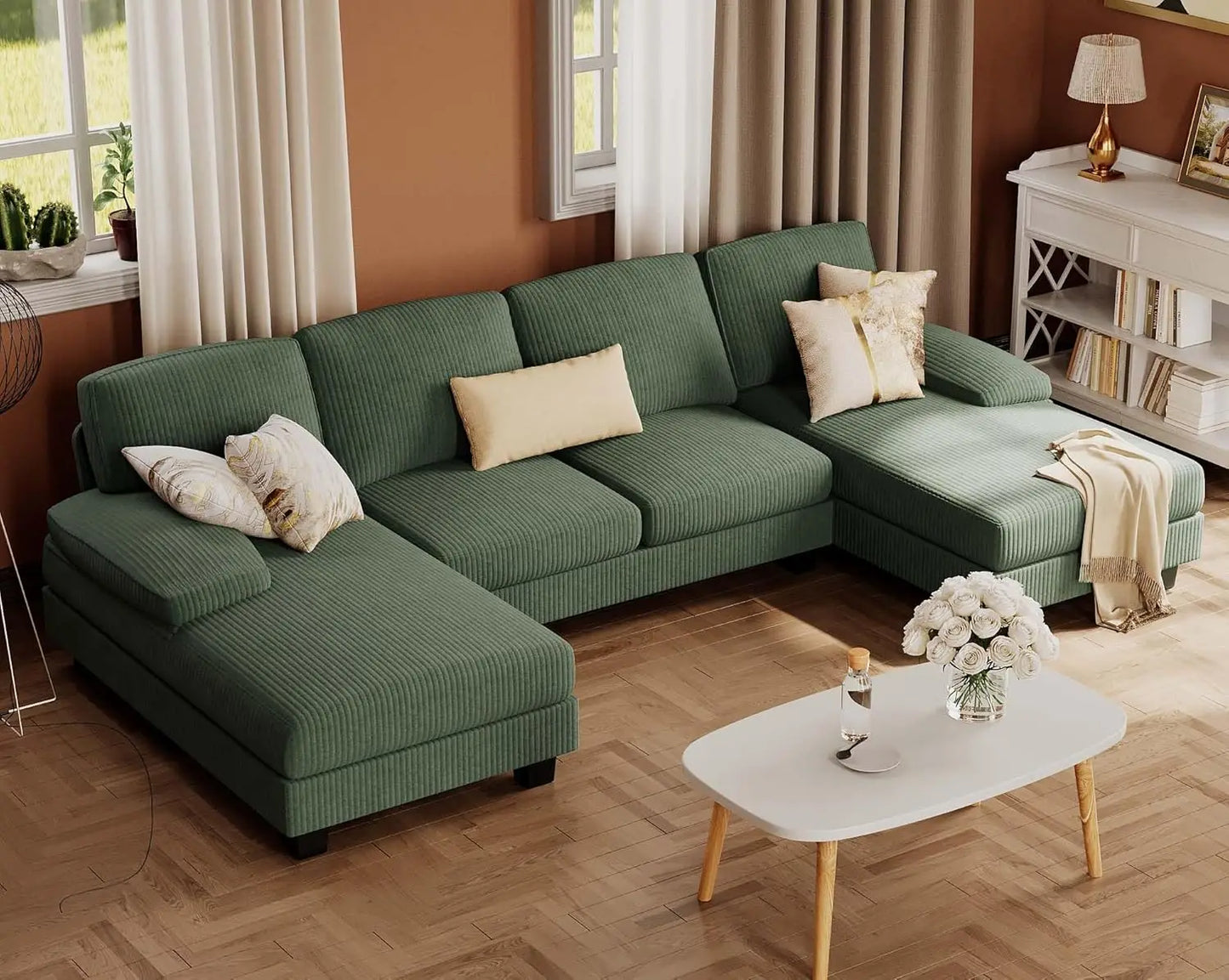 Sectional Couches for Living Room, U-Shaped Sofa Couch with Linen Fabric, 4 Seat Sofa Set with Double Chaise for, Custom