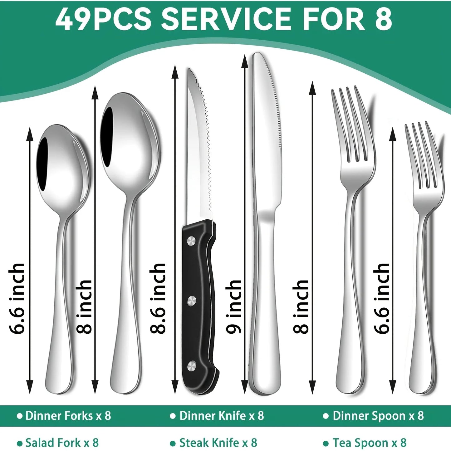49pcs Black Silverware Set with Organizer, Stainless Steel Flatware for 8, Forks And Spoons Silverware Set Cutlery Set with Steak Knives, Rust-proof, Mirror Polished,, Dishwasher Safe