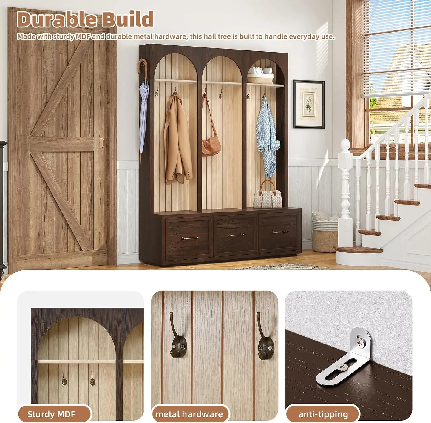 Farmhouse Wood Hall Tree with Shoe Bench & 3 Drawers, 4-in-1 Coat Rack 8 Hooks for Entryway, Hallway