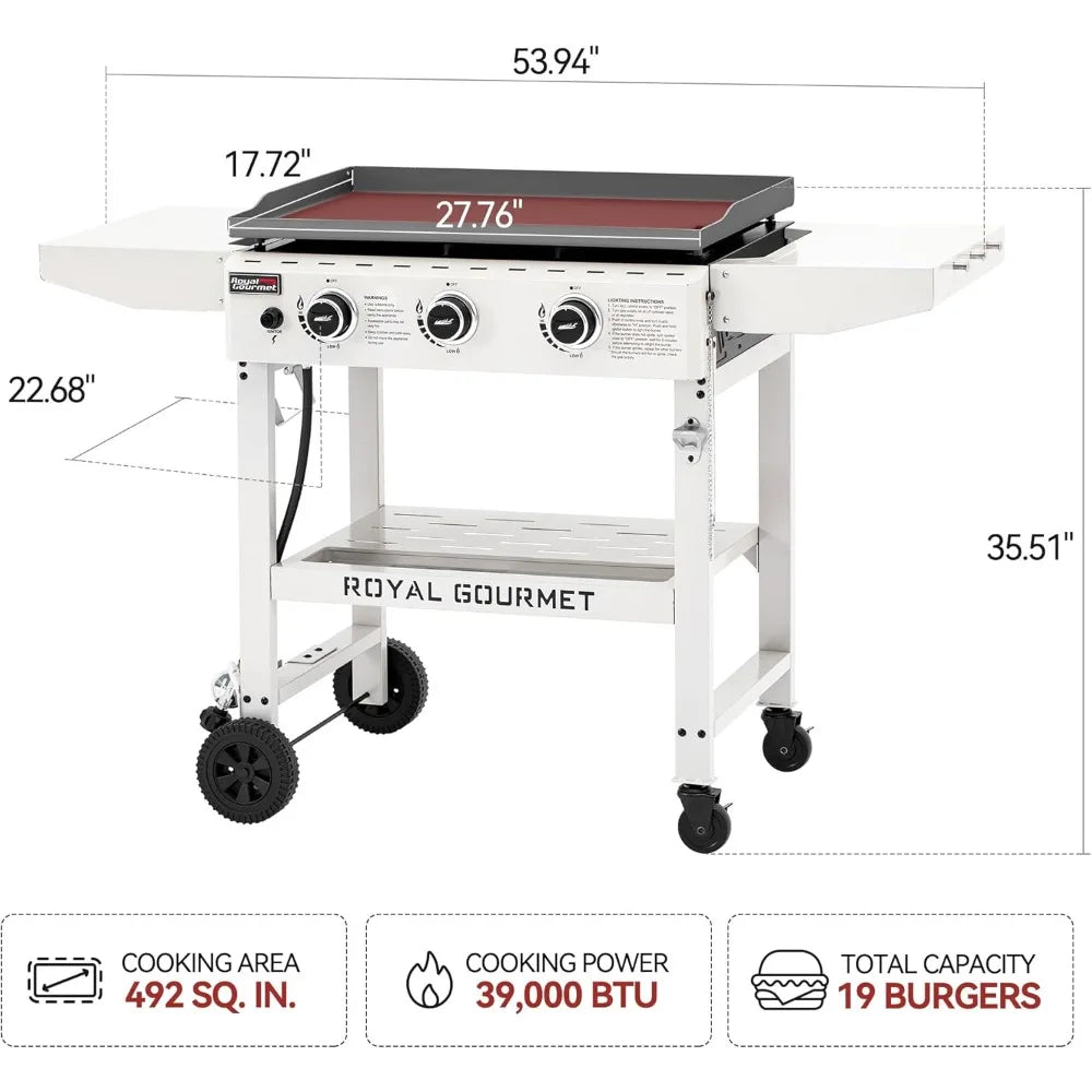 3 Burner Propane Gas Griddle with Foldable Side Tables 28 Inch Flat Top Grill with 492 Square Inch Cooking Area for Outdoor Grilling