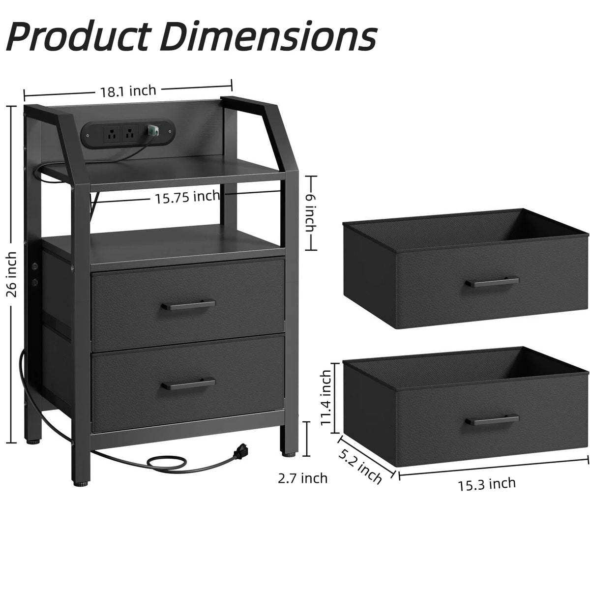 Frodrovia Nightstand With LED Light Charging Station And Drawers