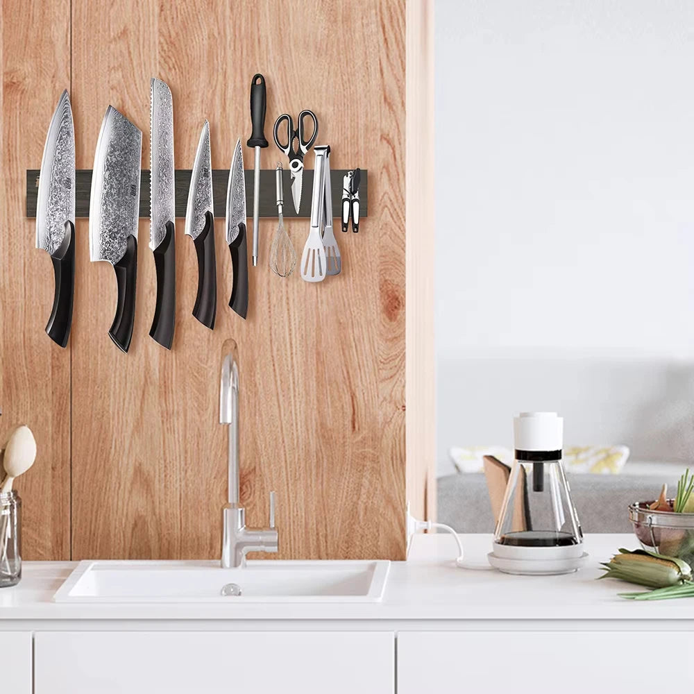 Findking New Design Powerful Magnetic Knife Strip Handmade Ash Wood Knife Holder Wall Mount Block Set 3 Pieces 12 16 18 Inch Rack
