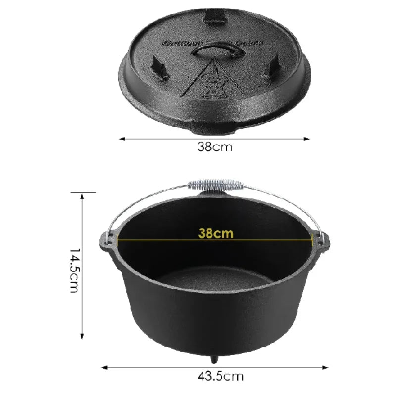 5/9/12.5 Quart Cast Iron Dutch Oven Camping Pot Outdoor Portable Multi-function Cookware Stew Barbecue Soup Picnic Pot