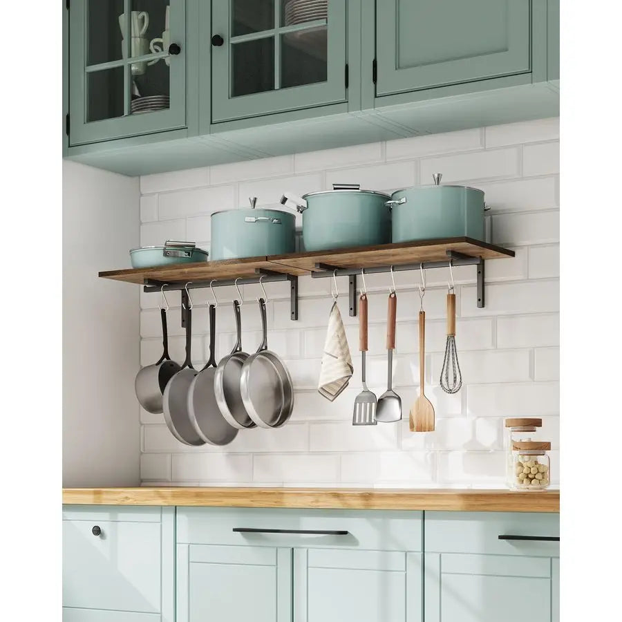 2 Pack Wooden 23.6 Pot Pan Hanging Rack Wall Mounted with 10 S Hooks, Set of 2 Large Pot Wall Holder Kitchen Shelves for Utensil