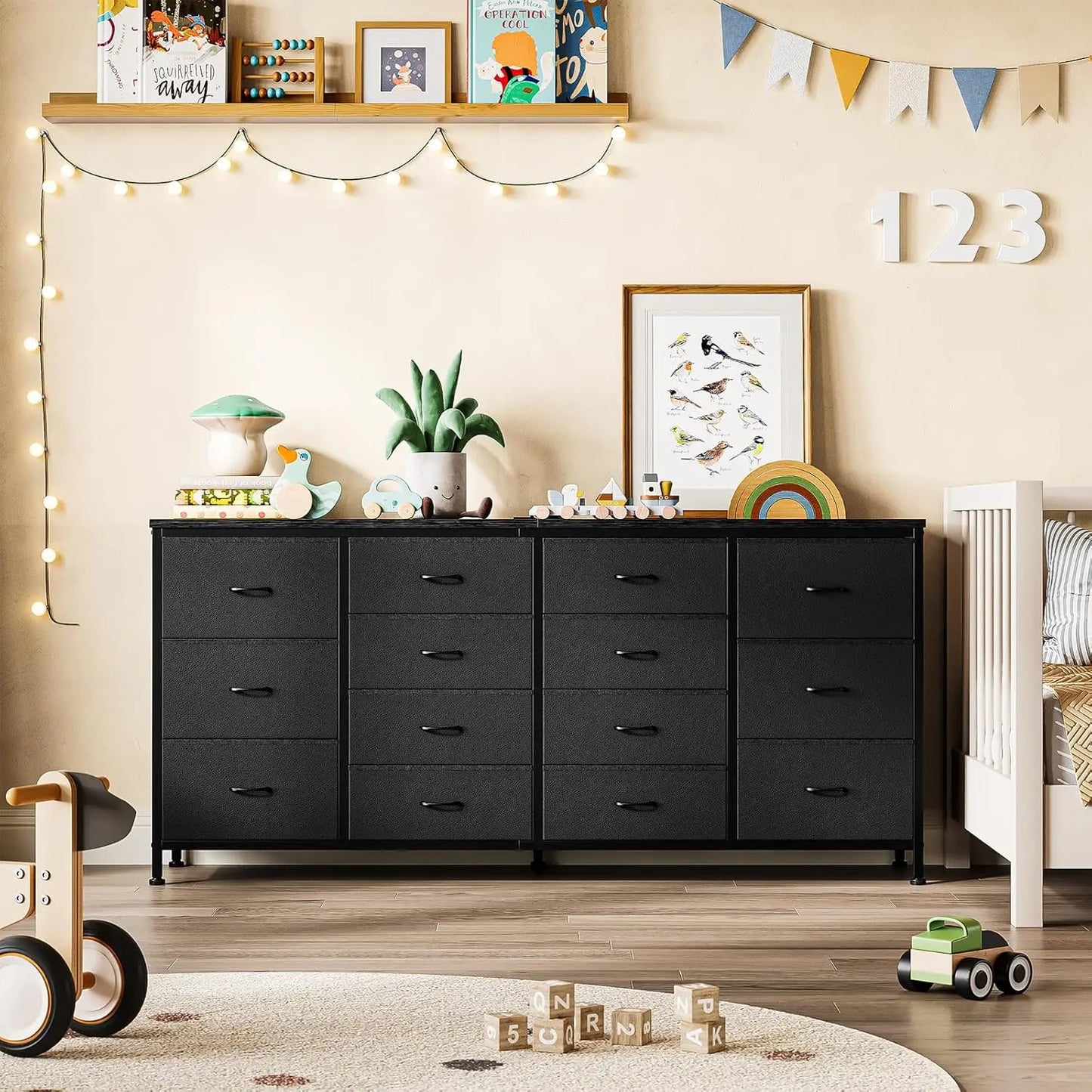 14 Drawer Dresser 63 in Black Fabric Dresser TV Stand with Power Outlet for 65 70 75 in TV Long Entertainment Center for Bedroom