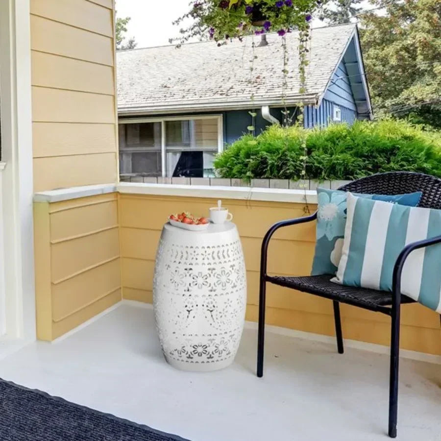 9.4 Steel Patio End Table Round Hollow Drum Side Table Accent Table for Indoor and Outdoor White
