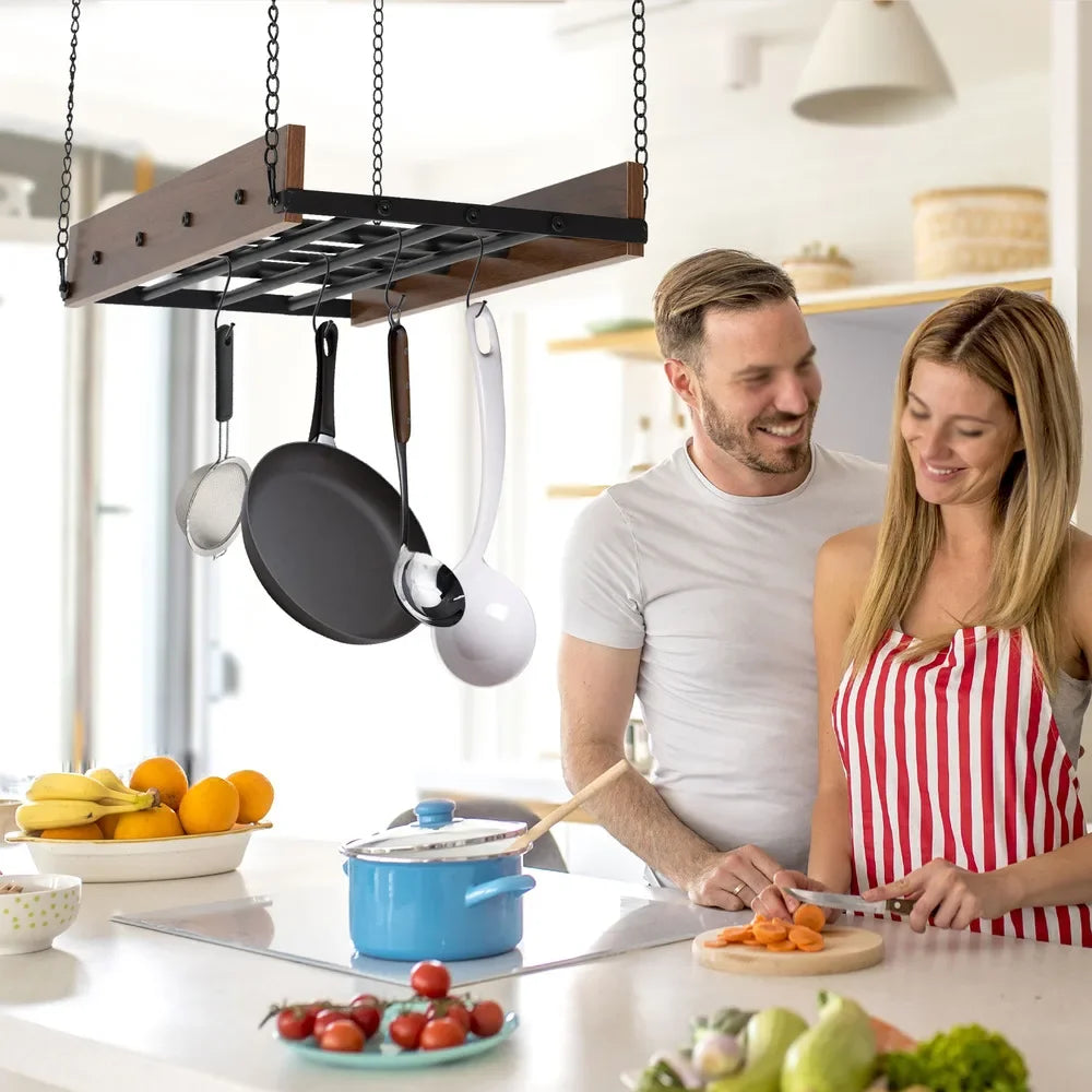Adjustable Ceiling-Mounted Kitchen Hanging Pot Pan Holder – Cookware Organizer Rack W/ Spring Clips, Space-Saving Storage Shelf