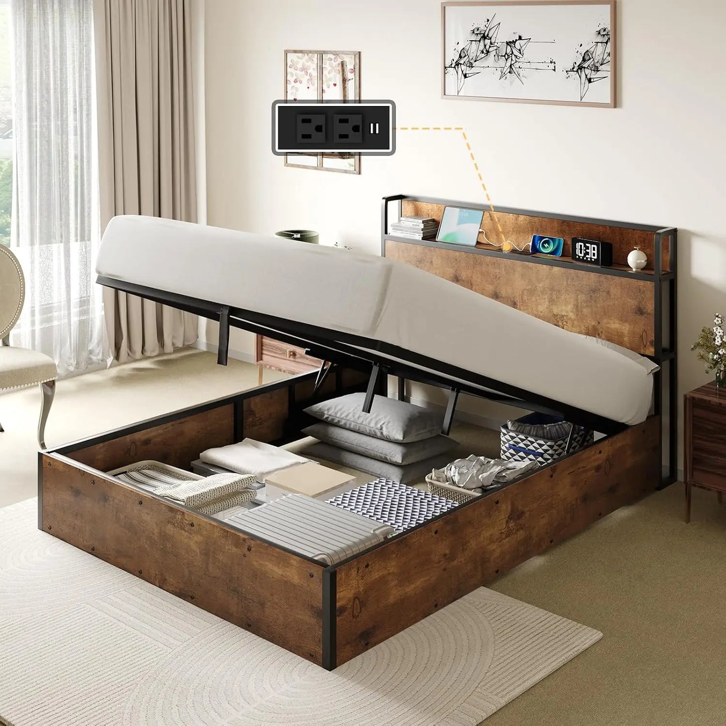 Full Size Lift Up Storage Bed Frame with Charging Station, Custom