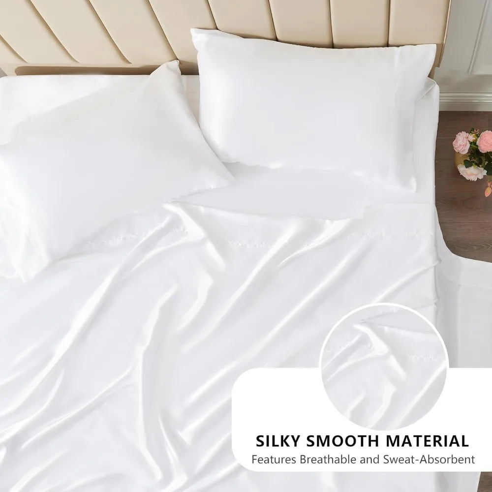 Satin Sheets Queen Size 4 Piece Bed Sheet Set with Silky Deep Pocket Fitted Sheet Flat Sheet and 2 Pillowcases