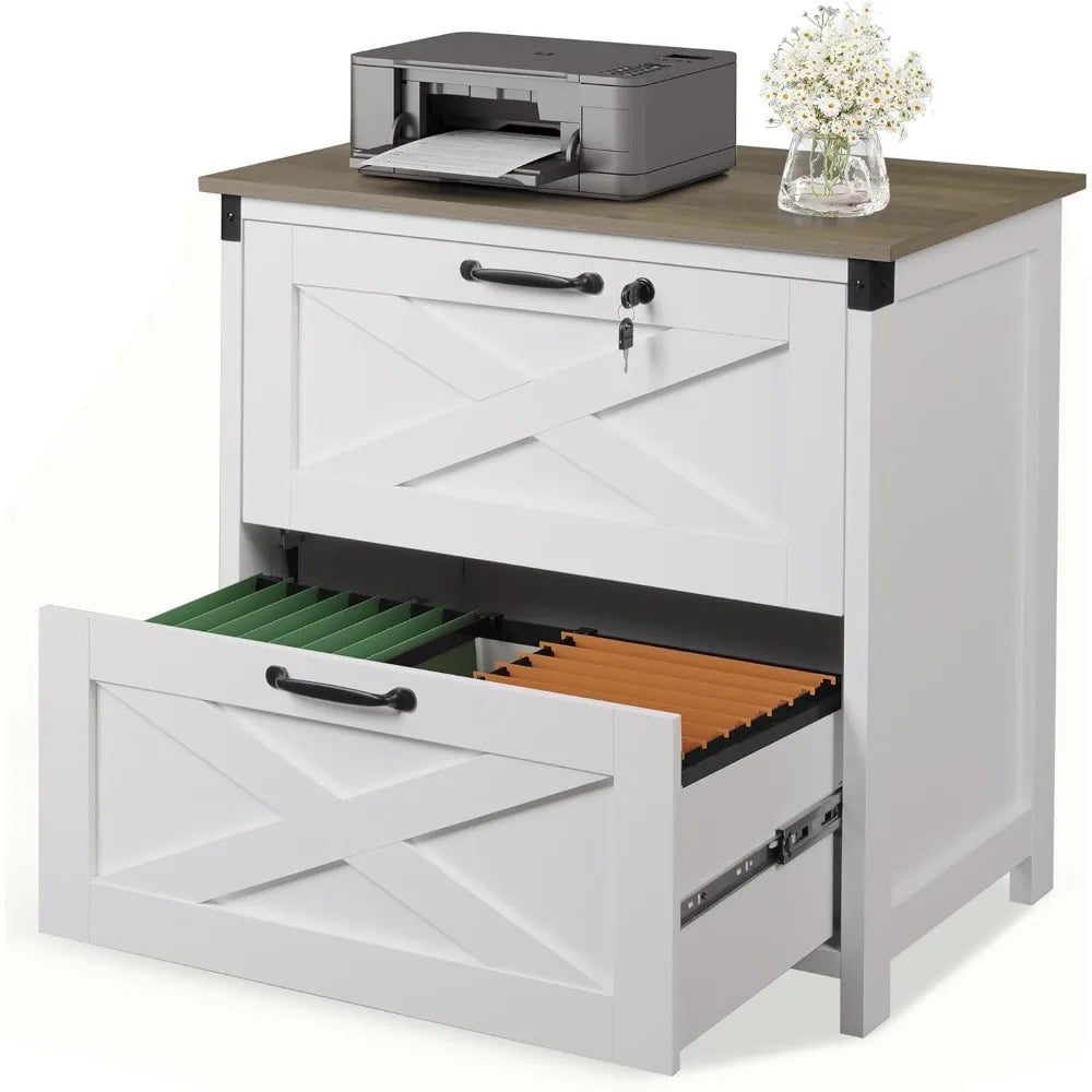 2 Drawer File Cabinet with Lock, Wood Farmhouse Filing Cabinet for Home Office, Printer Stand Fits Letter and A4 Size