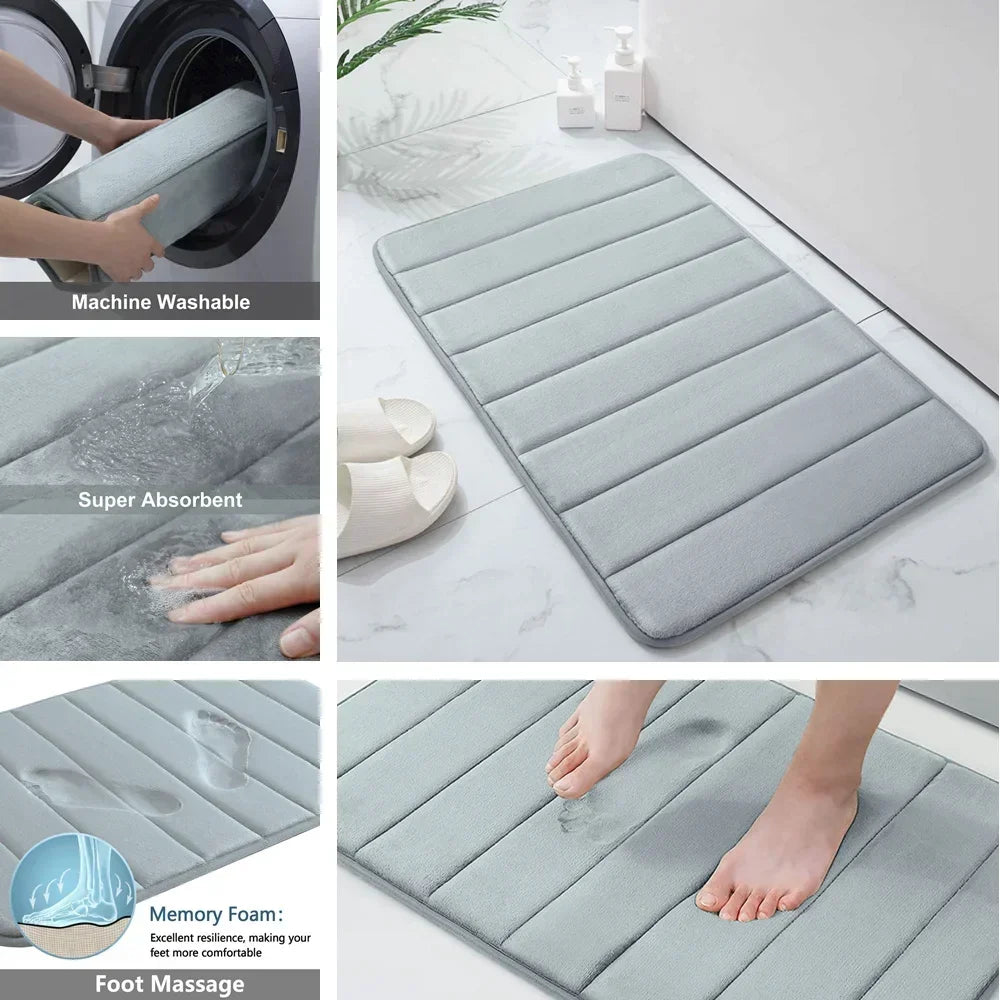 Black Memory Foam Bath Mat Soft Comfortable Super Water Absorption Non-Slip Thick Machine Washable Easy to Dry Home Floor Rug