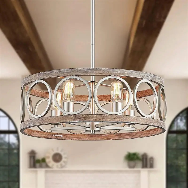 American Industrial Circular Chandelier Farmhouse Retro Iron Art Wood Grain For Restaurant Home Bedroom Ceiling Light Home Decor