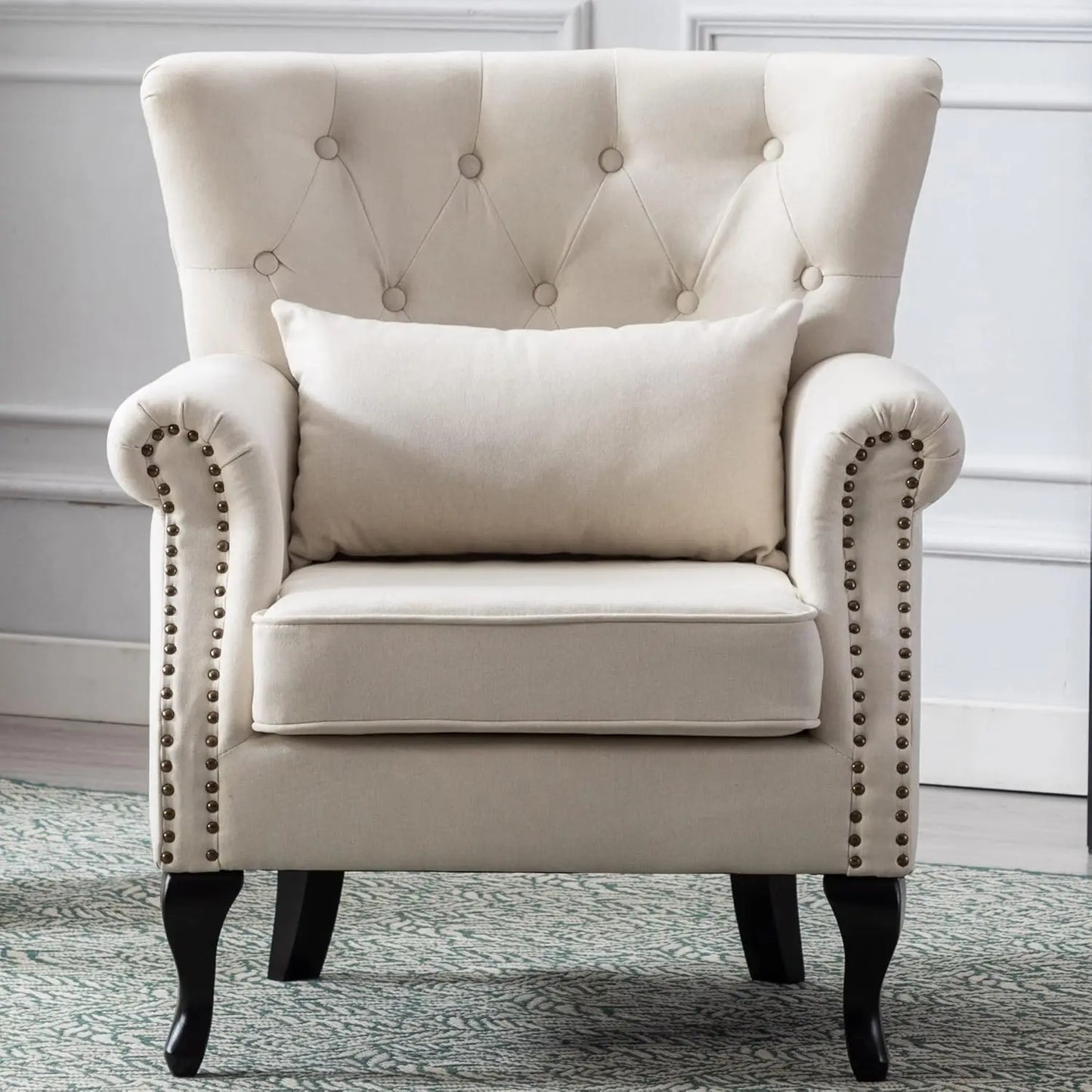 Mid Century Modern Accent Chair Upholstered Armchair Comfy Velvet Fabric Single Sofa with Tufted Wingback for Small, Customized