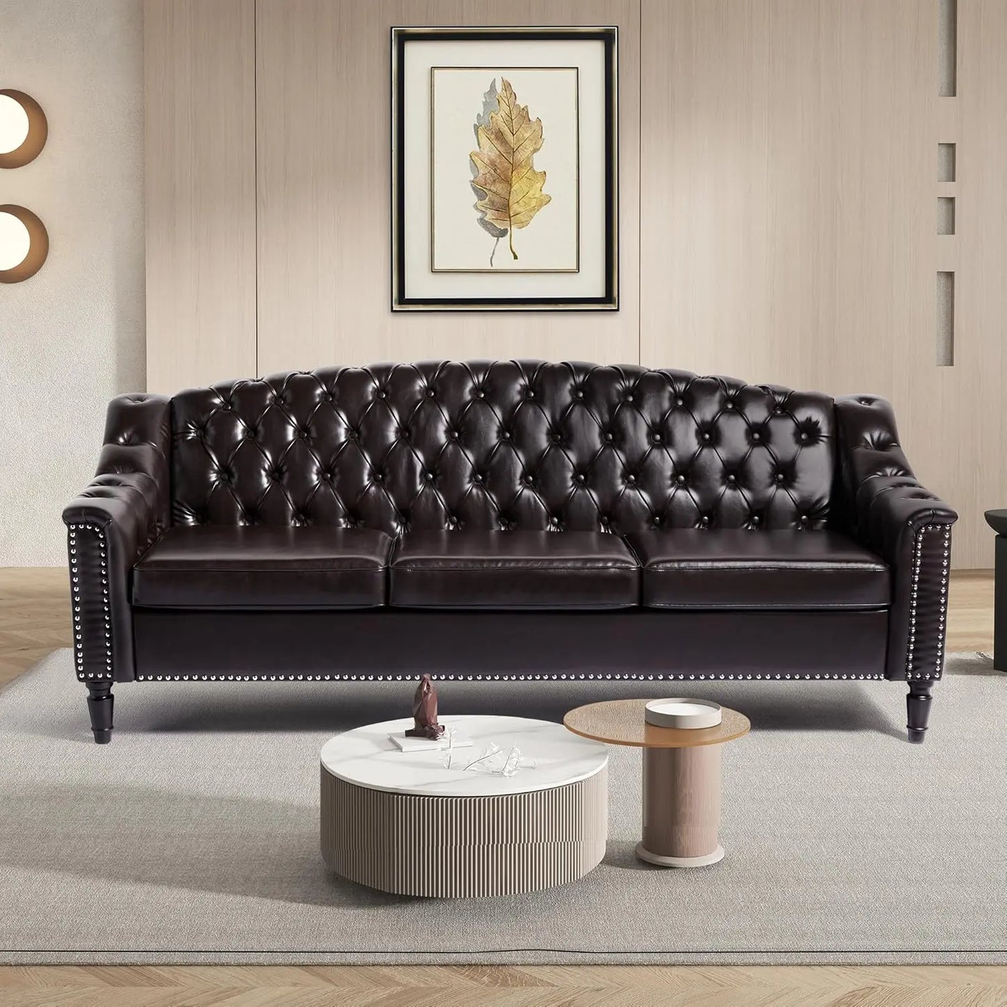 Mid-Century Modern Leather Couch, 80" Large Upholstered Sofa with High Back, Chesterfield Sofa Sleeper Settee , Customized