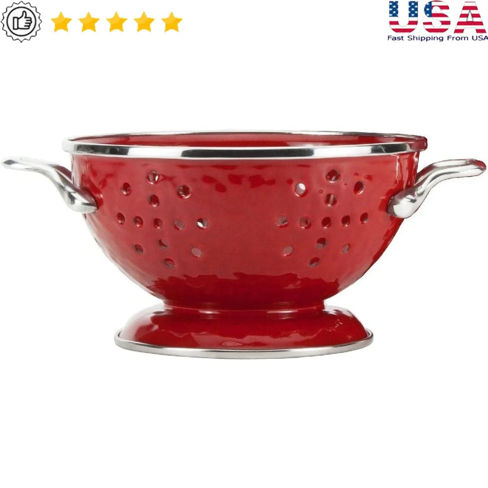 Enamelware Colander 1qt Red Porcelain Carbon Steel Kitchen Tool Durable Dishwasher Safe Essential Cooking Gadget