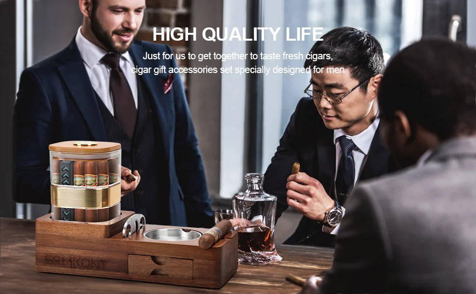 Cigar Humidor Cigar Ashtray Set Wooden Cigar Accessories Cigar Cutter Cigar Jar With Hygrometer Humidifier Cigar Gifts for Men