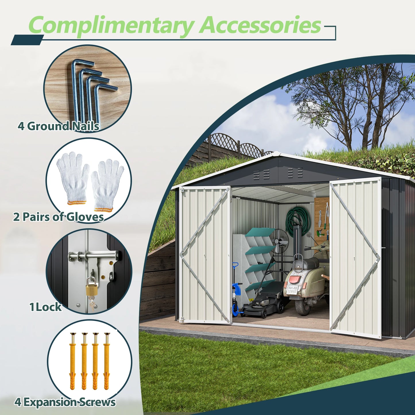 LZBEITEM Outdoor Storage Shed 10x10 FT Utility Metal Tool Storage with Lockable Doors Updated Frame Structure Black