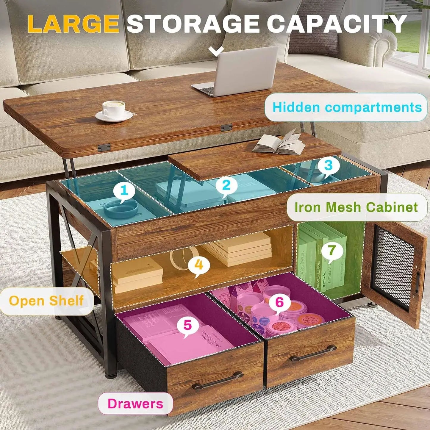 40 Inch Lift Top Coffee Table with Storage Cabinet 4 in 1 Small Farmhouse Living Room Coffee Table with Fabric Drawers and LED Lights