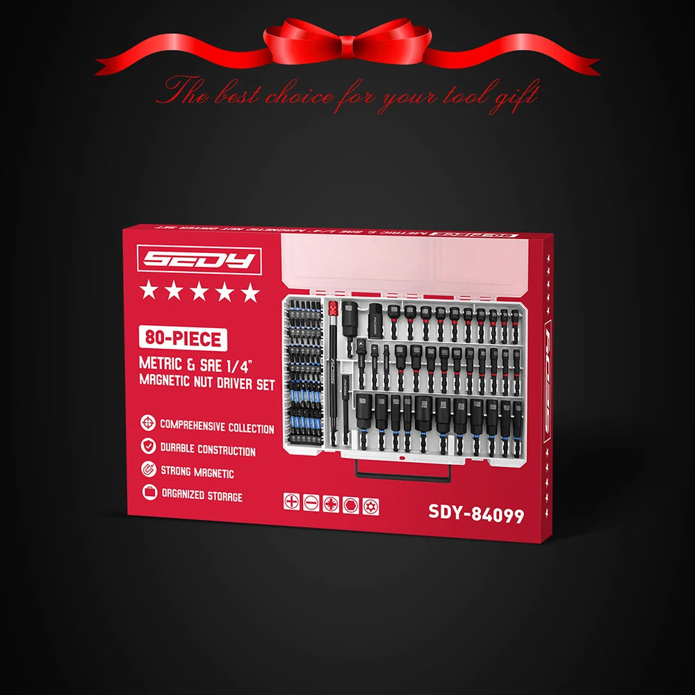 80-Piece Premium Magnetic Impact Nut Driver Set Metric & SAE with Socket Adapters, Bit Holder, Wing Nut Driver, Power Bits