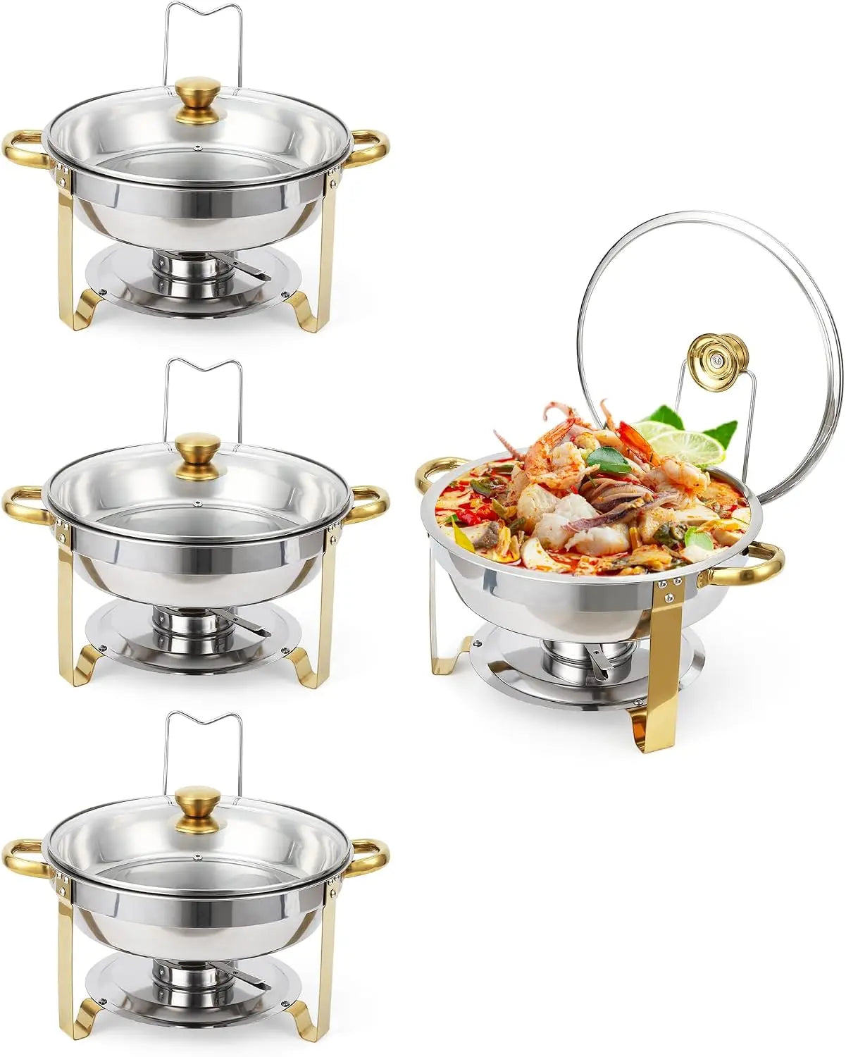 2/4Pack 5QT Round Stainless Steel Chafing Dishes – Buffet Food Warmer Set with Visible Glass Lids, Food & Water Pans, Buffet Server – Perfect for Parties, Weddings, Catering 