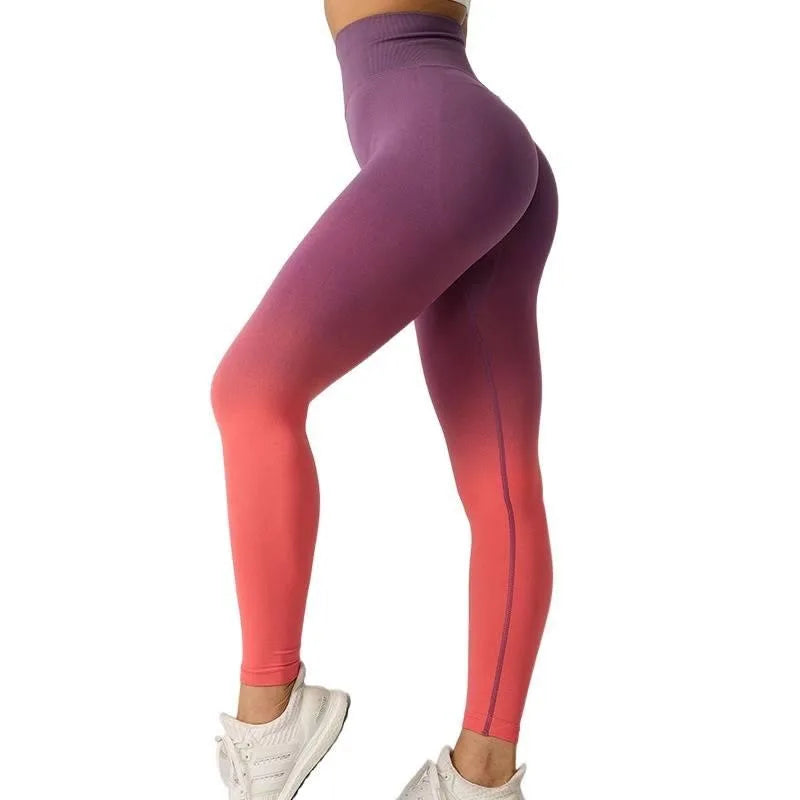 High Waist Color Gradient Yoga Pants Women Seamless Knit Gym Leggings Quick Dry Breathable Workout Tights Scrunch Butt Lift Peach Hip Long Fitness Pants for Cycling Training Activewear