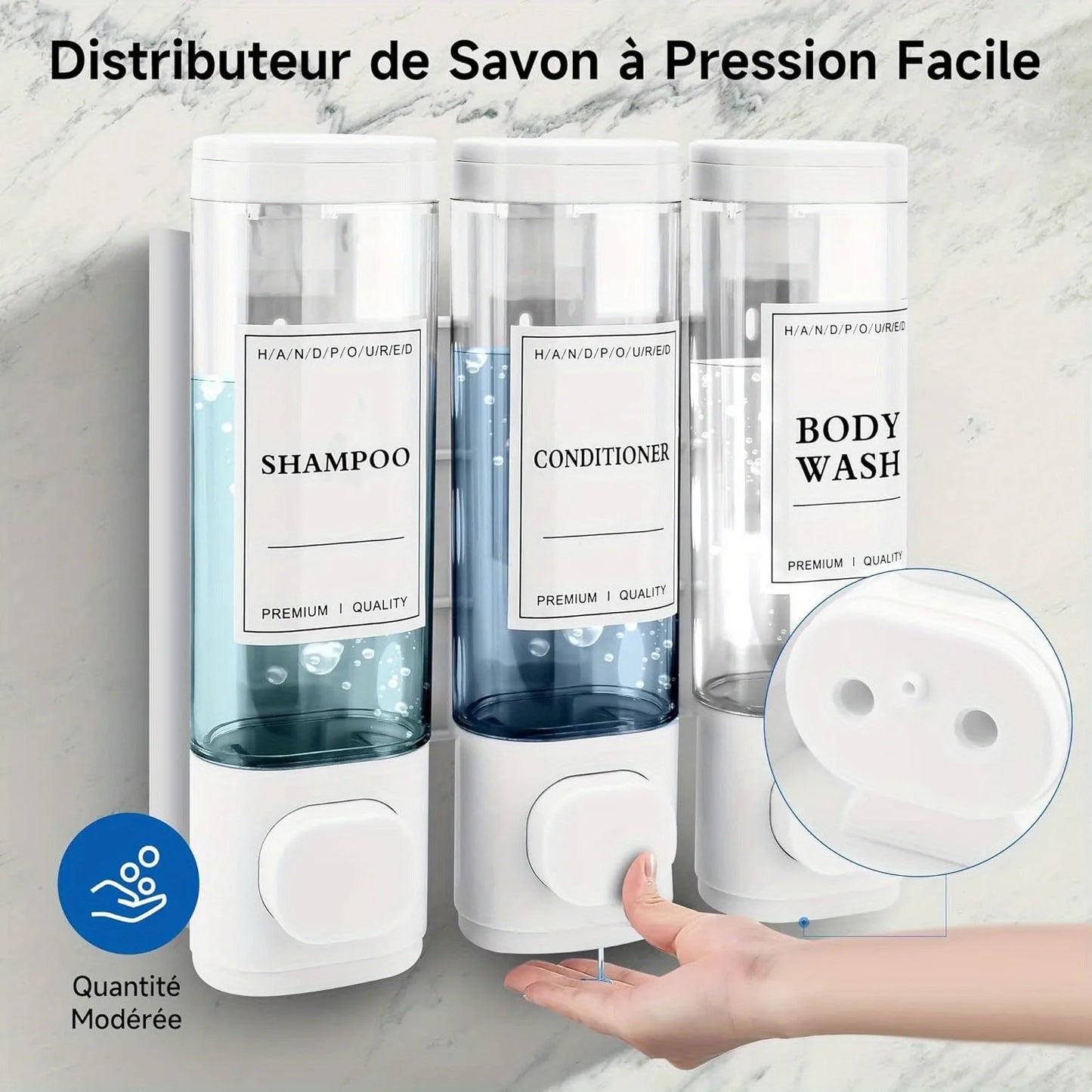 Wall Mounted Soap Dispenser Shower Gel Dispenser 3 in 1 Shampoo and Conditioner Dispenser No Drilling Required ABS Material