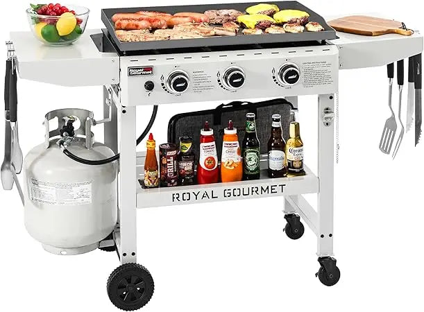 3 Burner Propane Gas Griddle with Foldable Side Tables 28 Inch Flat Top Grill with 492 Square Inch Cooking Area for Outdoor Grilling