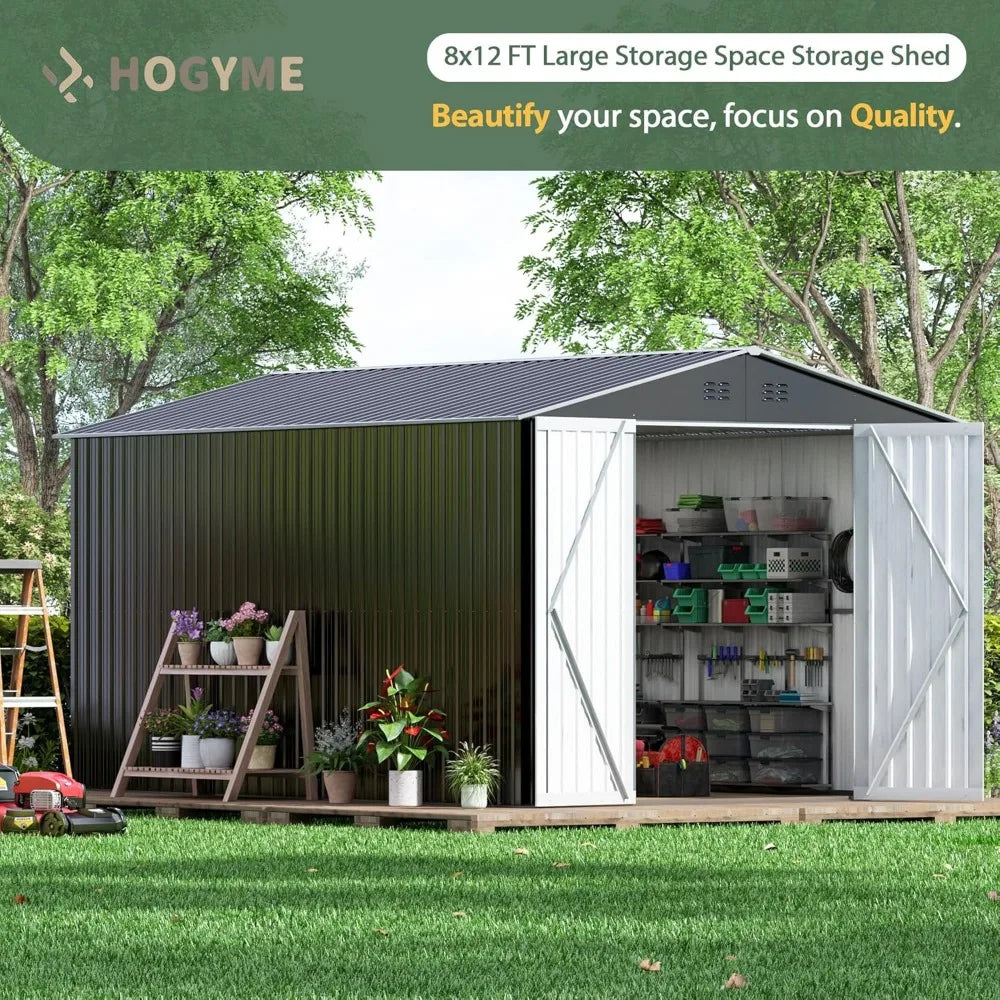 8 x 12 FT Outdoor Storage Shed, Large Metal Tool Shed Grey