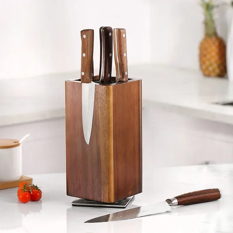 1Pc 360°Rotating Magnetic Knife Block Wood Universal Knife Holder 4‑Side Ultra‑Strong Magnets Knife Storage Rack with Removable Bristles Multifunctional Kitchen Countertop Knife Organizer