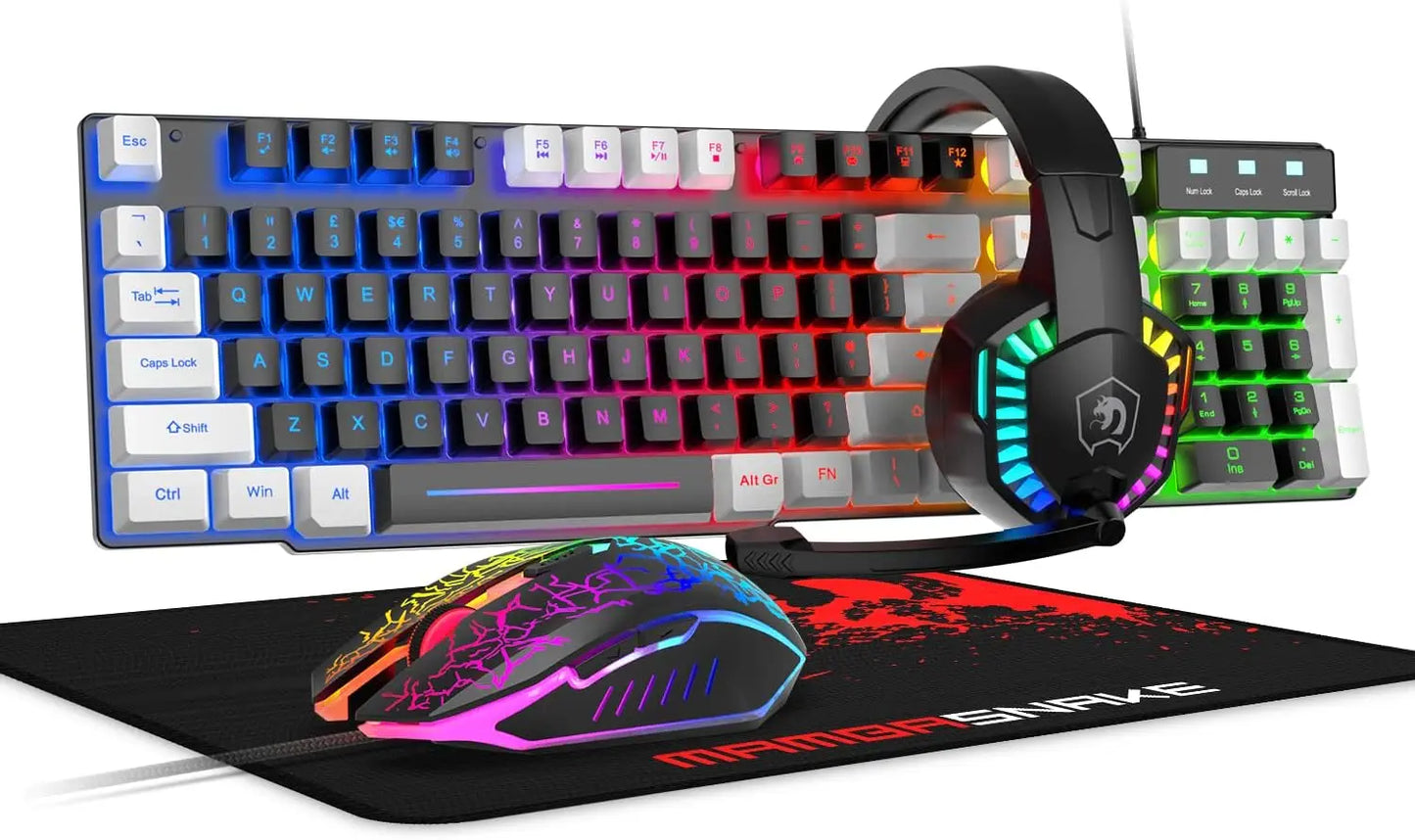 MANBASNAKE T11 Wired Gaming Keyboard and Mouse Headset Combo Rainbow LED Backlit