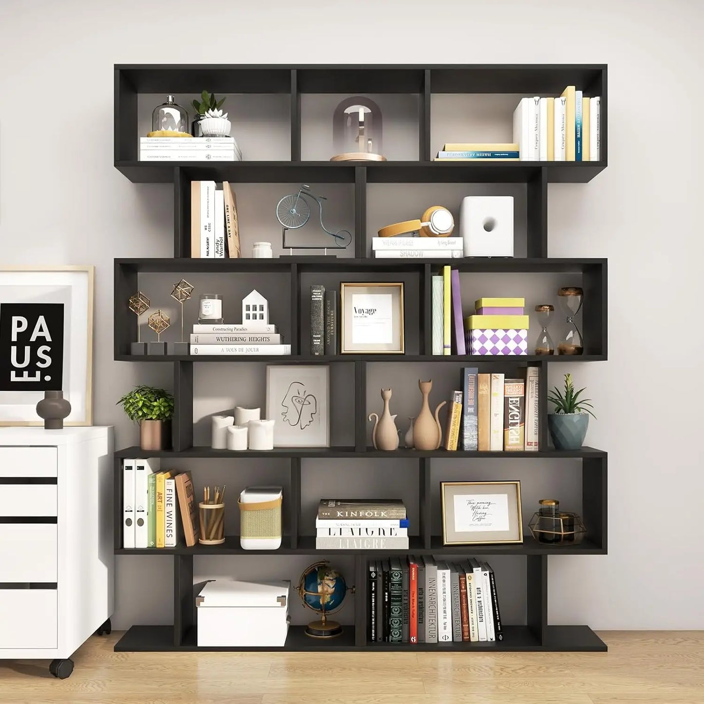 6 Tier S Shaped Bookshelf, 31.5L x 9W x 75H Wooden Bookcase