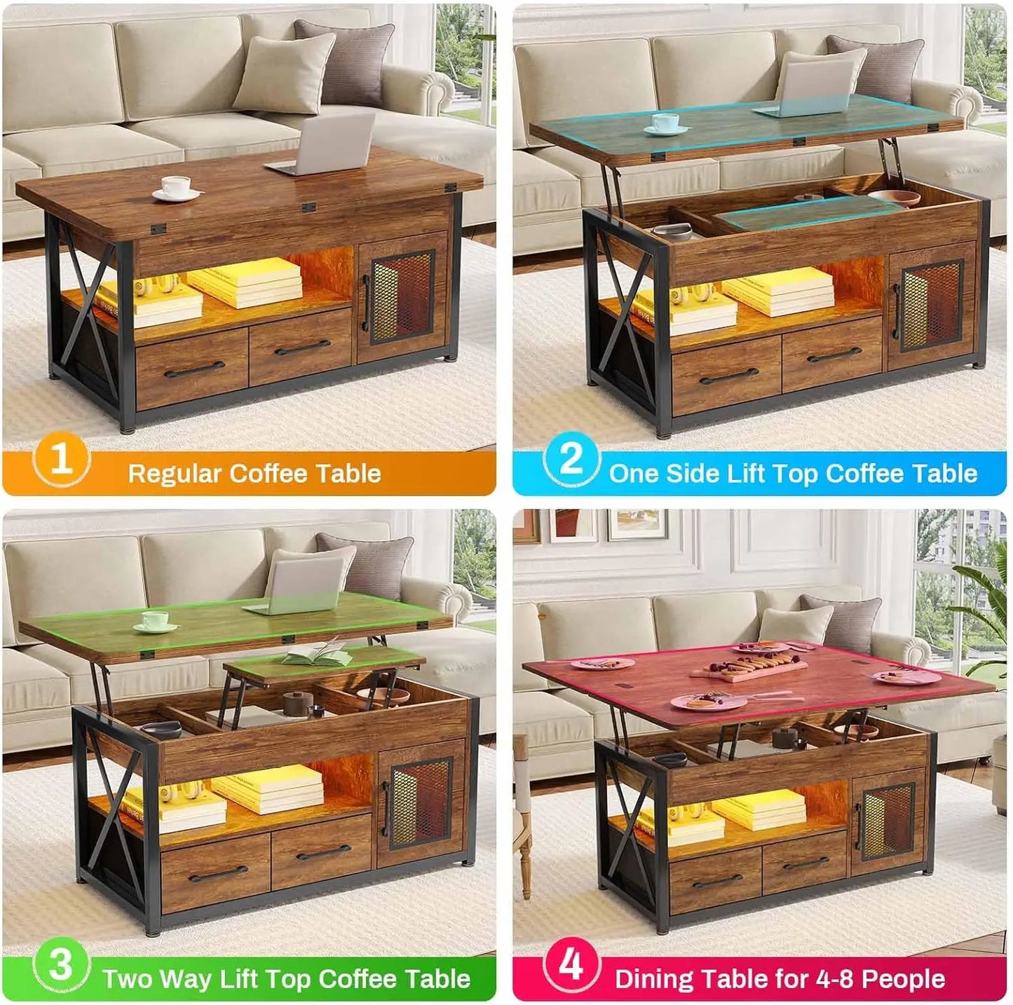 40 Inch Lift Top Coffee Table with Storage Cabinet 4 in 1 Small Farmhouse Living Room Coffee Table with Fabric Drawers and LED Lights