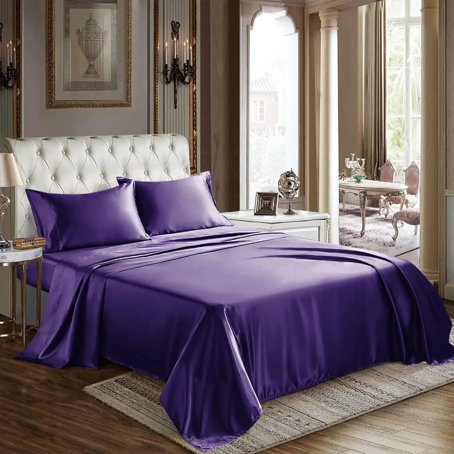 Satin Sheets Queen Size 4 Piece Bed Sheet Set with Silky Deep Pocket Fitted Sheet Flat Sheet and 2 Pillowcases