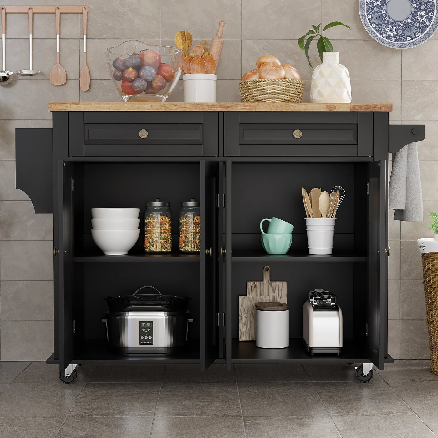 Rolling Kitchen Cart with Drop Leaf Mobile Island Table