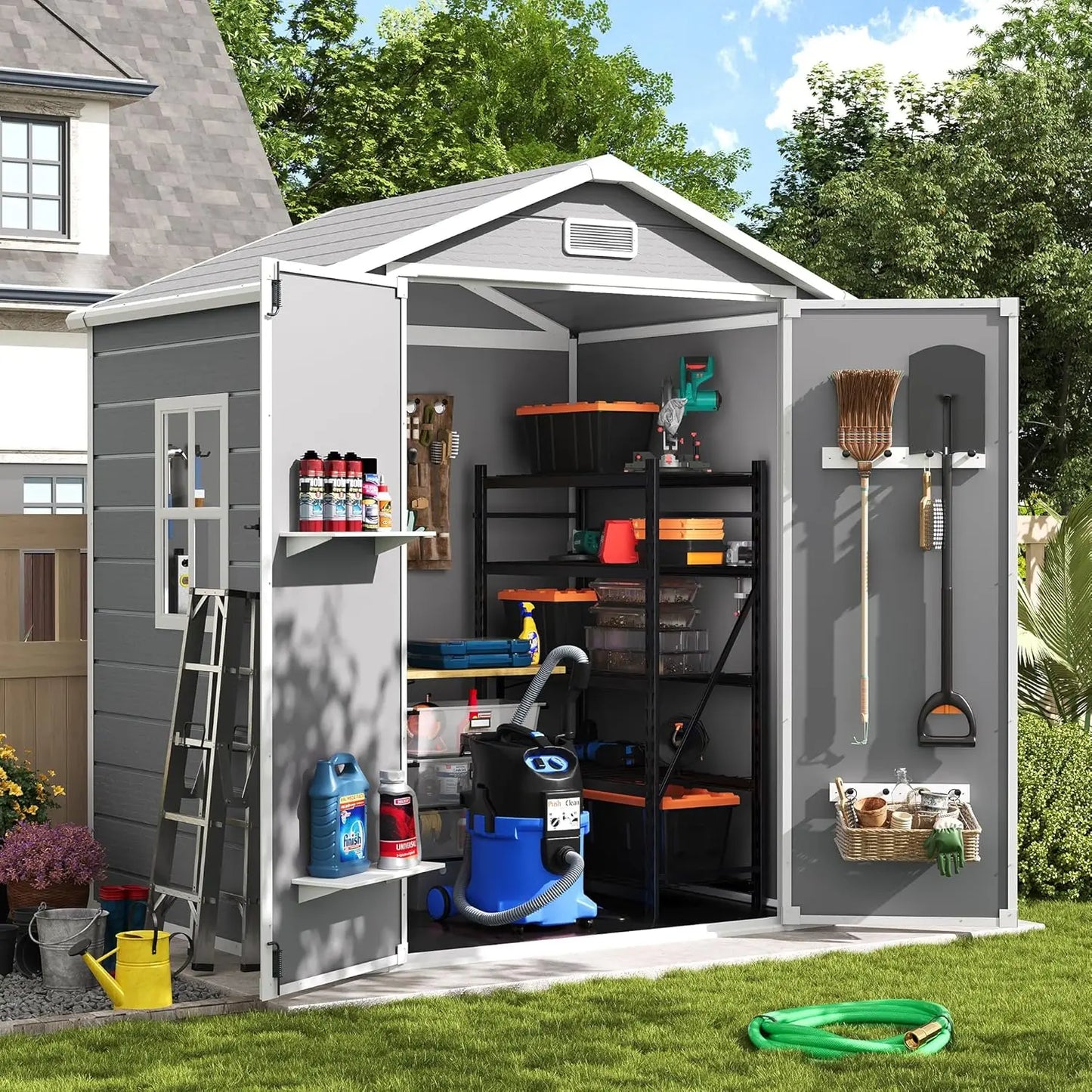 Outdoor Storage Shed with Floor, 6x4.5 FT Lockable Plastic Tool Shed with Ventilation, Waterproof Resin Garden Sheds, Custom
