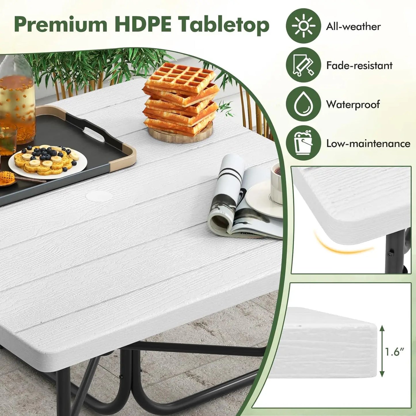 4-8 Person Square Picnic Table Bench Set with Umbrella Hole, Outdoor Camping Table HDPE Material Metal Frame for Patio Garden