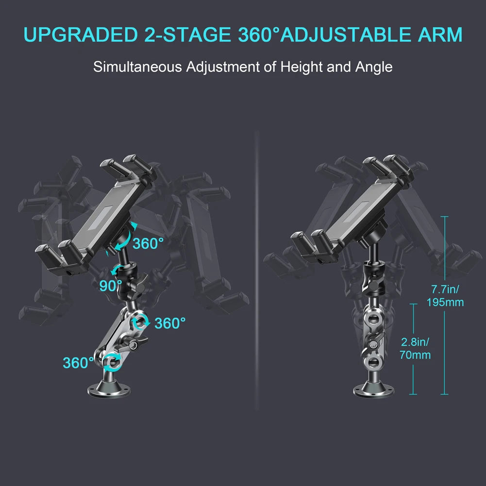 Heavy Duty Tablet Holder with Screw 2-Stage Phone Stand 360 Degree Rotable Car Dashboard Phone Mount for Car Bike Boats Trucks