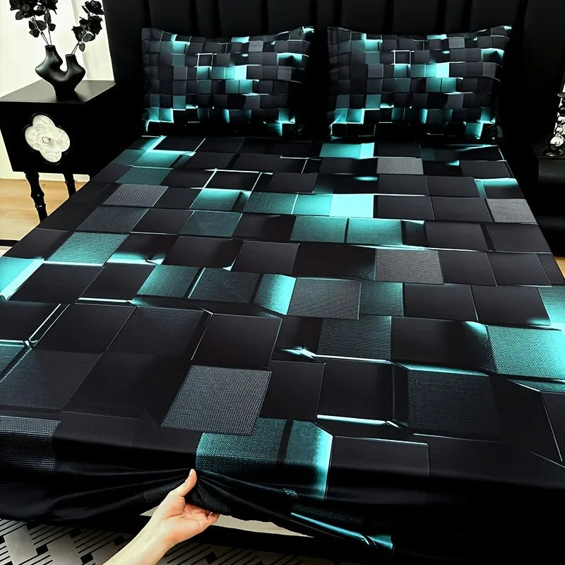 3pcs Cool Technology Digital Printing Material Plaid Fitted Sheet(1pc Bed Sheet+2pcs Pillowcase No Filling) Deep Pocket In 15 In